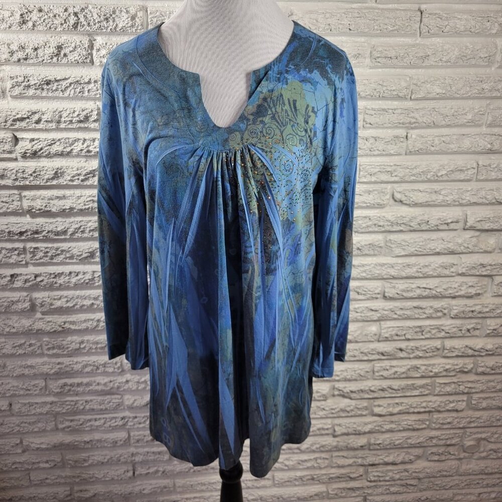 Westbound Women's XL Blue Geometric Pleated Studded V-Neck Long Sleeve GEO149XE